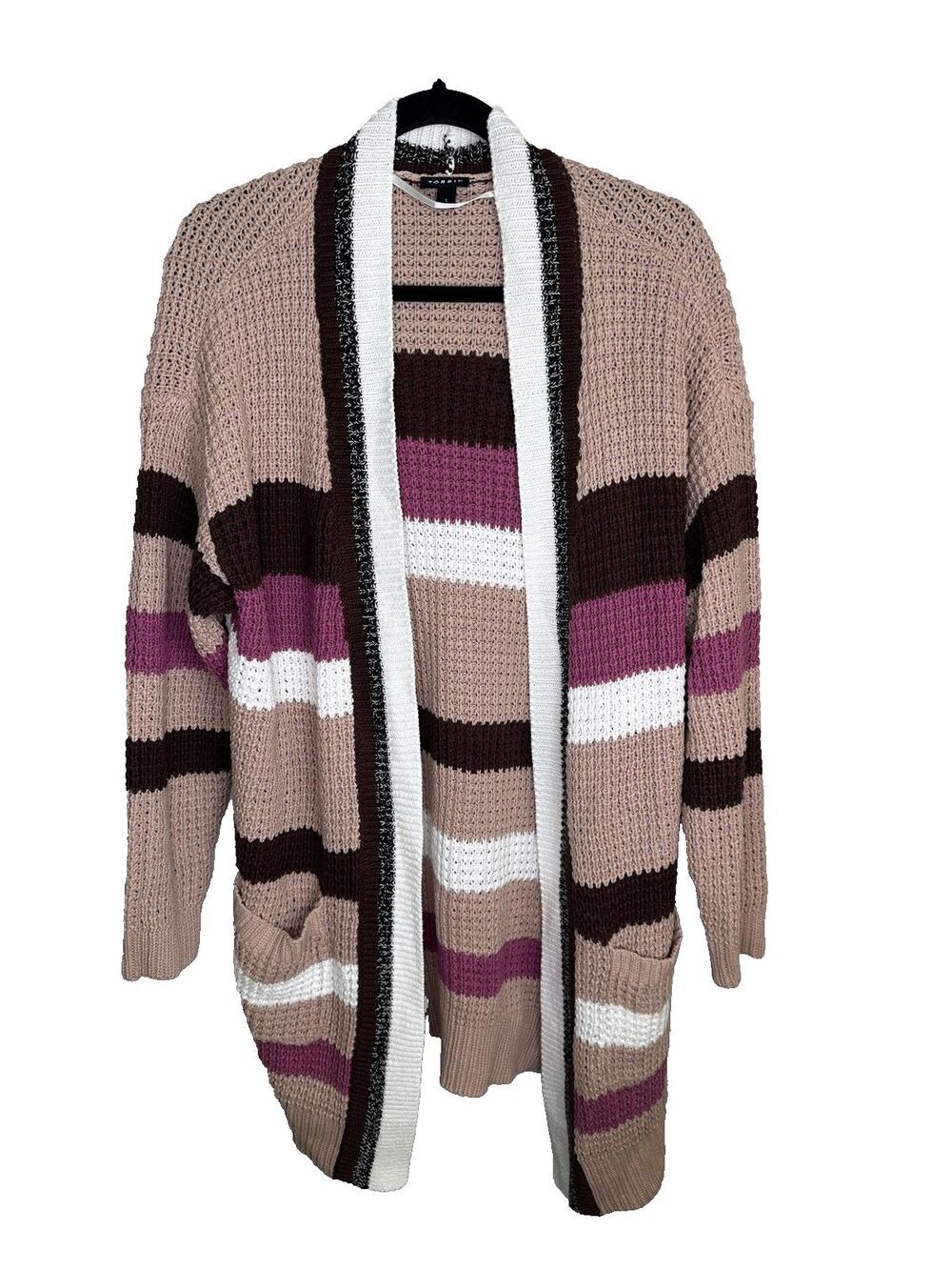 Torrid Cardigan Sweater Womens 1X US 14/16 Brown Pink White Striped Open Pockets